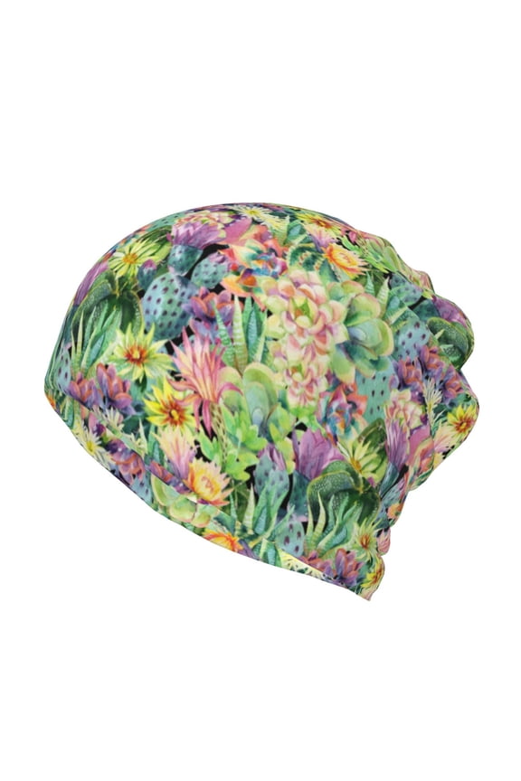 Watercolor Blooming Cactus Slouchy Beanie Hat for Men/Women, Skull Cap Chemo Cap Night Sleeping Cap