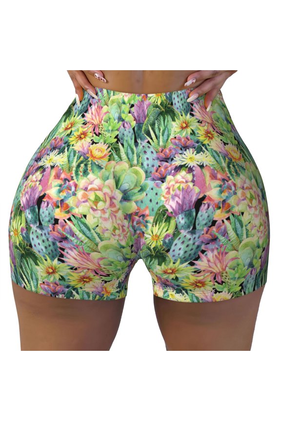 Watercolor Blooming Cactus print Workout Shorts for Women Seamless Soft Smooth Gym Yoga Scrunch Active Exercise Fitness Shorts