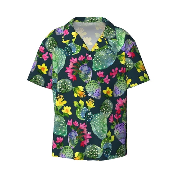 Vsdgher Watercolor Cactuses Print Men's Wrinkle Free Untucked Cuban Shirt Business Casual Button Down Shirts Short Sleeve Shirt