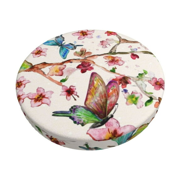 Vsdgher Watercolor Floral With Butterflies Print Stool Covers Round,Stretch Round Stool Covers Washable Stool Cushion Slipcover Elastic Chair Covers for 12-14 Inch Chair