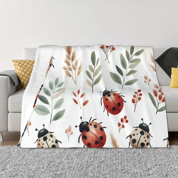 Vsdgher Watercolor Ladybug Pattern Fleece Throw Blanket, Horizontal Fleece Bedding Home Decor for Couch & Bed All Season Use -60"x50"