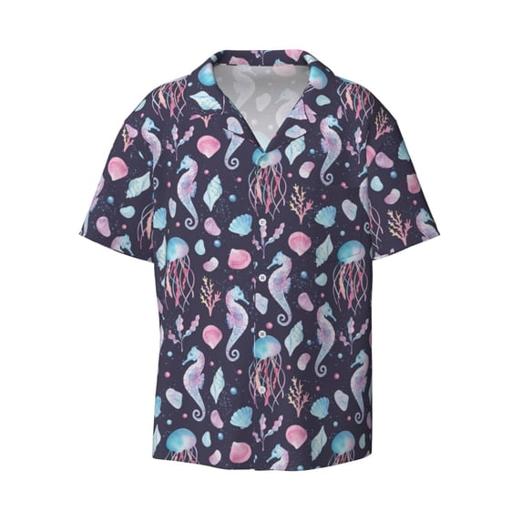 Vsdgher Watercolor Marine Animals Print Men's Wrinkle Free Untucked Cuban Shirt Business Casual Button Down Shirts Short Sleeve Shirt