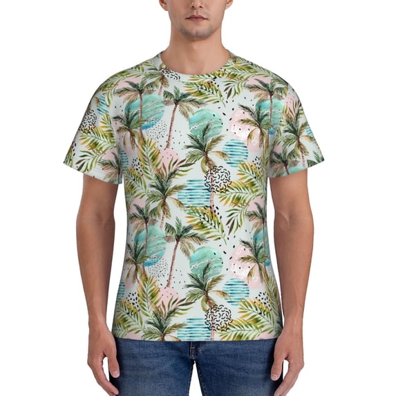 Vsdgher Watercolor Palm Tree Print Men's Dry Fit Mesh Athletic Shirts Moisture Wicking Tennis T-Shirt Tops