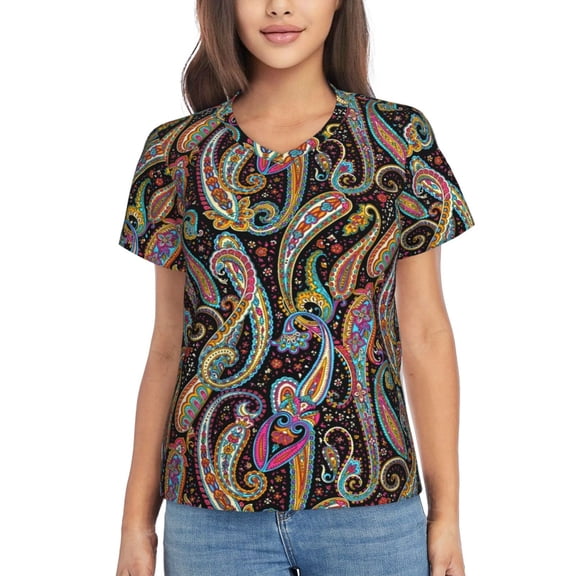 Vsdgher Watercolor Romantic Paisley Women Shirts V Neck Short Sleeve Tops T-Shirt Basic Tees, S to 3XLLarge