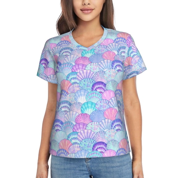 Vsdgher Watercolor Sea Shells 1 Women Shirts V Neck Short Sleeve Tops T-Shirt Basic Tees, S to 3XLMedium