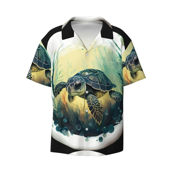 Vsdgher Watercolor Turtle3 Print Men's Wrinkle Free Untucked Cuban Shirt Business Casual Button Down Shirts Short Sleeve Shirt