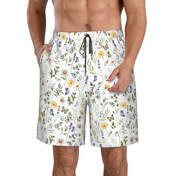 Vsdgher Watercolor Wildflower 2 Men's Beach Shorts, Surfing shorts, Swim trunks, Quick Dry Swim Trunks for Surfing Beach Fun -Medium