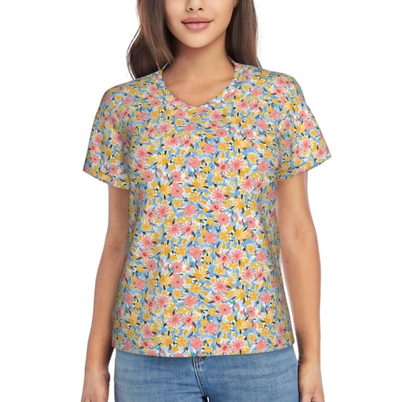 Vsdgher Watercolor Wildflowers Women Shirts V Neck Short Sleeve Tops T-Shirt Basic Tees, S to 3XLMedium