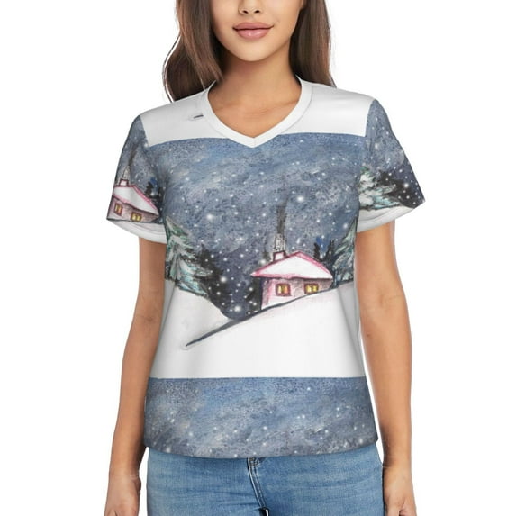 Vsdgher Watercolor Winter Landscape For Christmas Women Shirts V Neck Short Sleeve Tops T-Shirt Basic Tees, S to 3XLX-Large