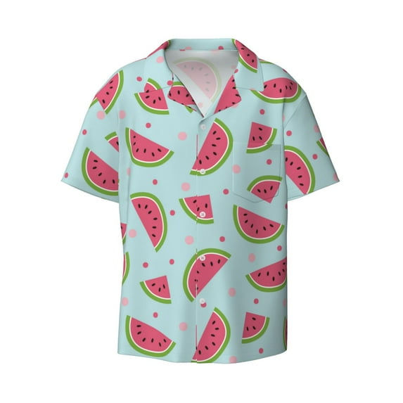 Vsdgher Watermelon Print Men's Wrinkle Free Untucked Cuban Shirt Business Casual Button Down Shirts Short Sleeve Shirt