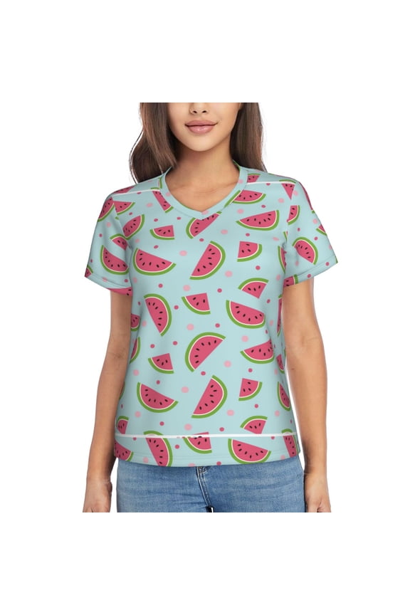 Watermelon Women Shirts V Neck Short Sleeve Tops T-Shirt Basic Tees, S to 3XL3X-Large