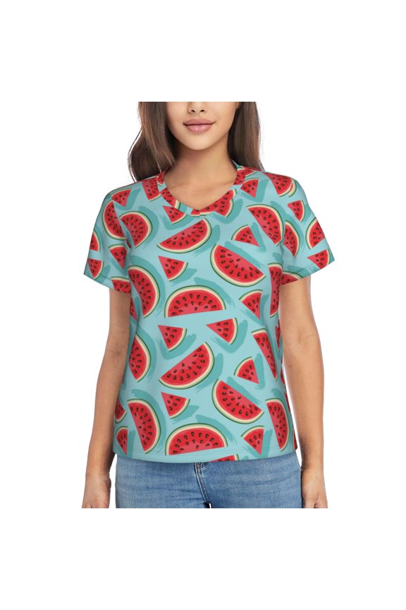 Watermelon Women Shirts V Neck Short Sleeve Tops T-Shirt Basic Tees, S to 3XLMedium