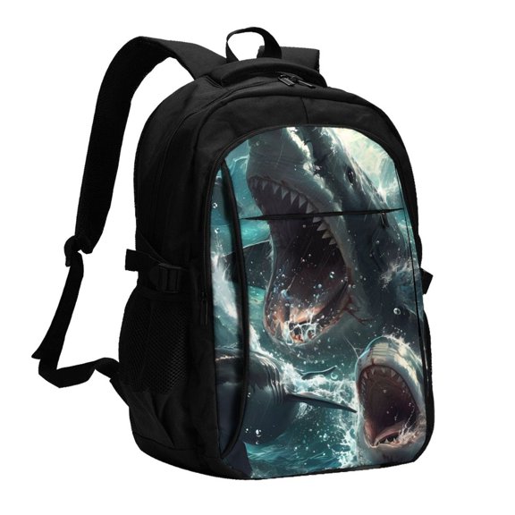 Vsdgher Wave Ocean Animal Shark Print Travel Laptop Backpack, Laptops Backpack with USB Charging Port, Water Resistant Computer Bag Gift for Men & Women
