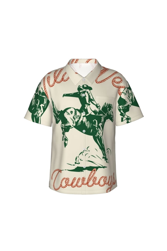 West Cowboys Print Men's Hawaiian Shirts Button Down Tropical Holiday Beach Shirts Vacation Clothes,Medium