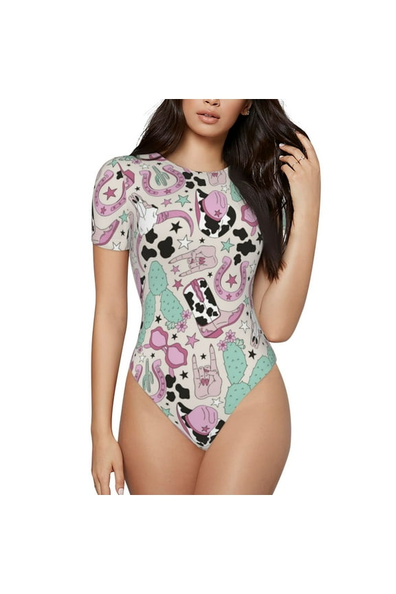 West Cowgirl Disco Prinr Short Sleeve Body suit for Womens, Sexy Onesie One Piece Round Neck Bodysuit Shapewear Tummy Control-Medium