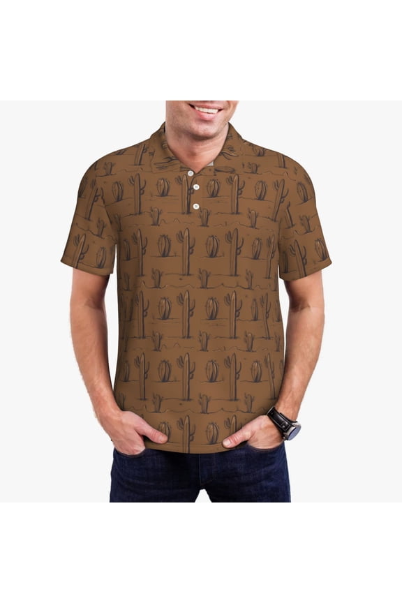 Western Cactus Polo Shirts for Men, Men's Short Sleeve Stretch Polo Shirt, Shirts for Men-Small