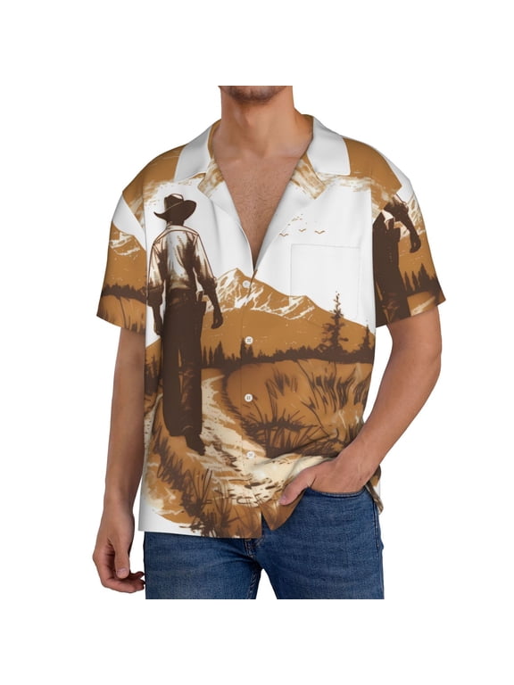 Western Cowboy Countryside Men's Cuban Shirt, Hawaiian Shirts, Business Casual Button Down Shirts, Short Sleeve Shirt-Small