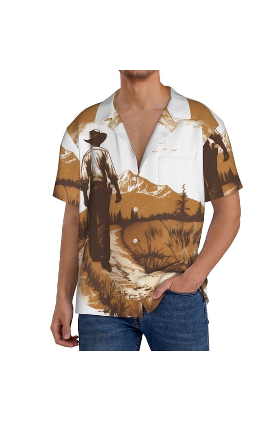 Western Cowboy Countryside Men's Cuban Shirt, Hawaiian Shirts, Business Casual Button Down Shirts, Short Sleeve Shirt-XX-Large