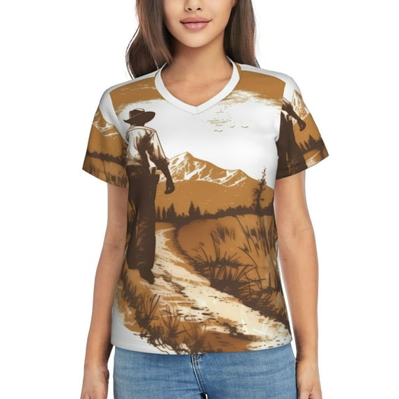 Vsdgher Western Cowboy Countryside Women Shirts V Neck Short Sleeve Tops T-Shirt Basic Tees, S to 3XLSmall