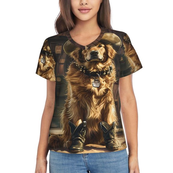 Vsdgher Western Cowboy Golden Retriever Women Shirts V Neck Short Sleeve Tops T-Shirt Basic Tees, S to 3XLSmall