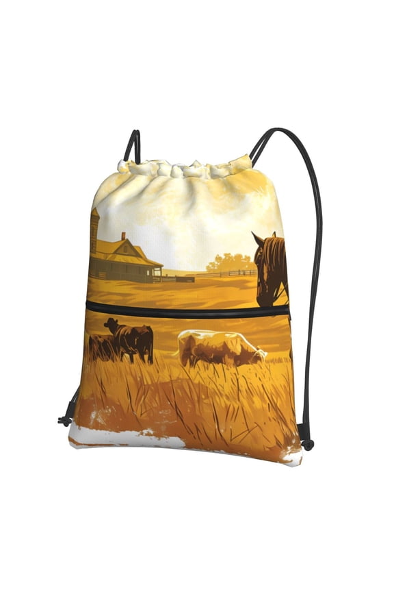 Western Cowboy Ranch Drawstring Backpack Water Resistant String Bag Sports Sackpack Gym Sack for Men Women