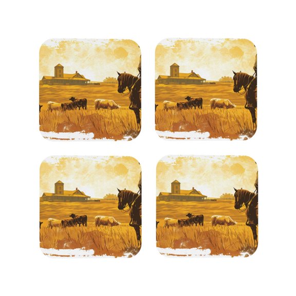Vsdgher Western Cowboy Ranch Leather Coasters for Drinks, Durable Drink Coasters 4 Set for Tabletop Protection, Luxurious Home Décor and Housewarming Gift ( {designName})Square