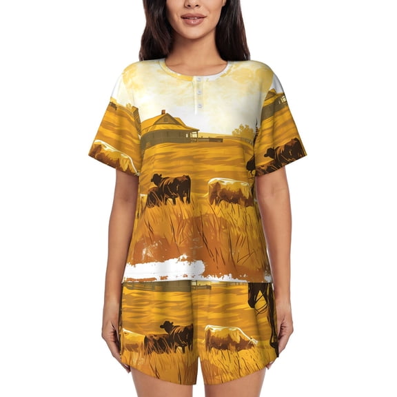Vsdgher Western Cowboy Ranch Pattern Womens Pajamas 2 Piece Short Sleeve Sleepwear Set,Summer Soft Pajamas Set Casual Lounge Sets, 2-Piece Pj -Small