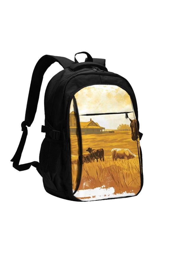 Western Cowboy Ranch Print Travel Laptop Backpack, Laptops Backpack with USB Charging Port, Water Resistant Computer Bag Gift for Men & Women