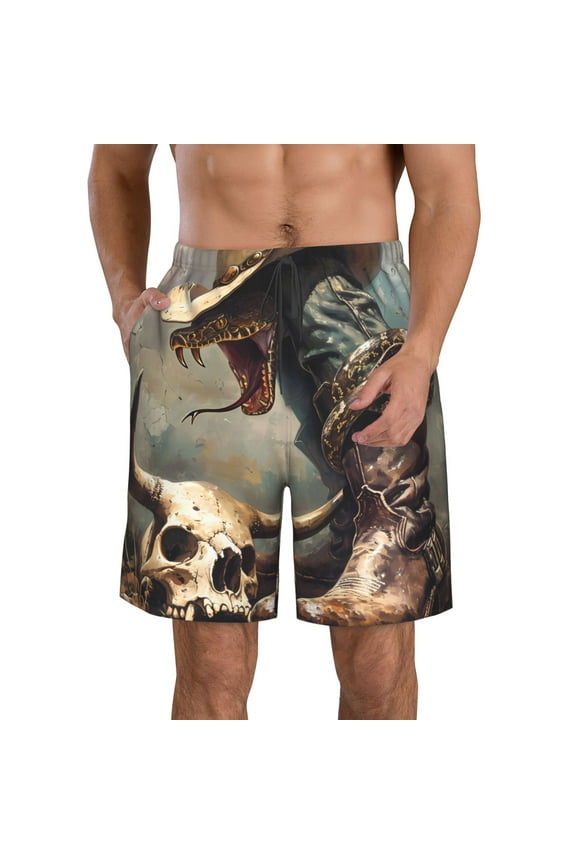 Western Cowboy Snake Ram Skull Men's Beach Shorts, Surfing shorts, Swim trunks, Quick Dry Swim Trunks for Surfing Beach Fun -Small