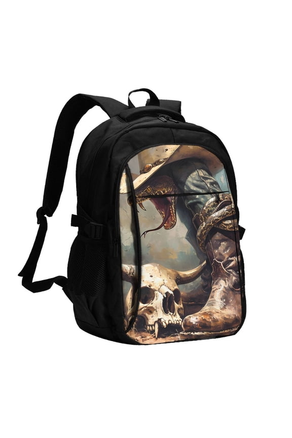 Western Cowboy Snake Ram Skull Print Travel Laptop Backpack, Laptops Backpack with USB Charging Port, Water Resistant Computer Bag Gift for Men & Women