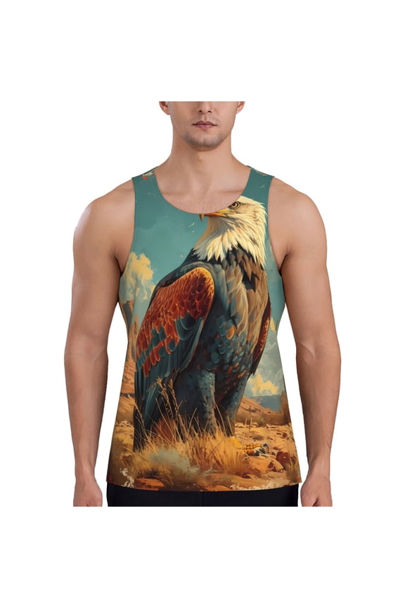 Western Desert Cactus Bald Eagle Men's Workout Tank Tops Sleeveless Gym Shirt Quick Dry Fitness Bodybuilding Sleeveless T Shirt-Small
