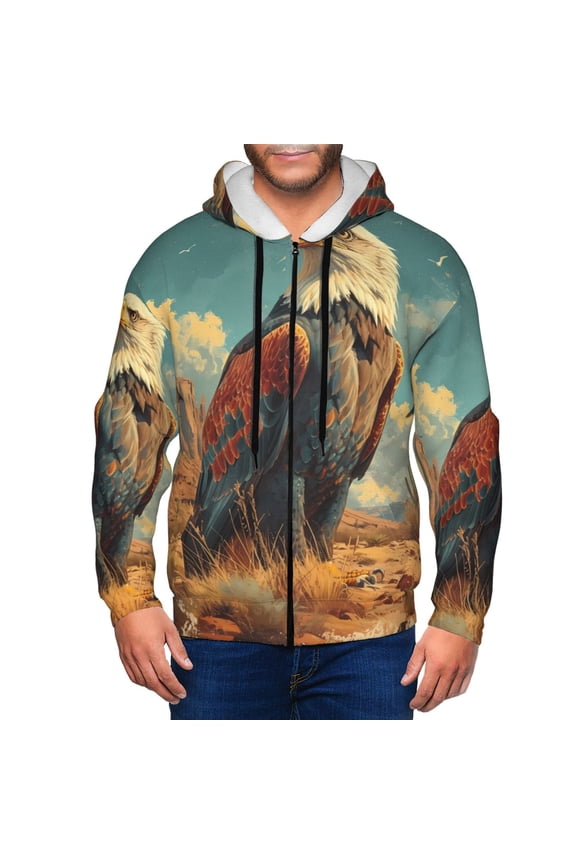 Western Desert Cactus Bald Eagle Mens Hoodies Zip Hoodie, Hoodies for Men, Zip-up Hooded Sweatshirt-3X-Large