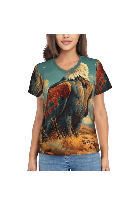 Western Desert Cactus Bald Eagle Women Shirts V Neck Short Sleeve Tops T-Shirt Basic Tees, S to 3XLLarge