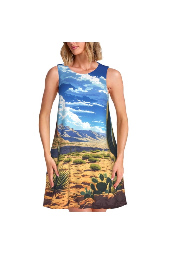 Western Desert Cactus Print Summer Dresses for Women Casual U Neck Beach Dress Sleeveless Tank Loose Sundress with Pocket -Medium