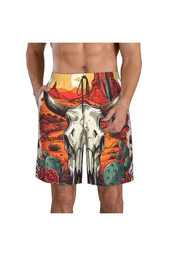 Western Desert Cactus Ram Skull Men's Beach Shorts, Surfing shorts, Swim trunks, Quick Dry Swim Trunks for Surfing Beach Fun -Small