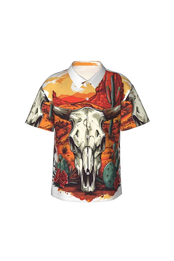 Western Desert Cactus Ram Skull Print Men's Hawaiian Shirts Button Down Tropical Holiday Beach Shirts Vacation Clothes,Medium