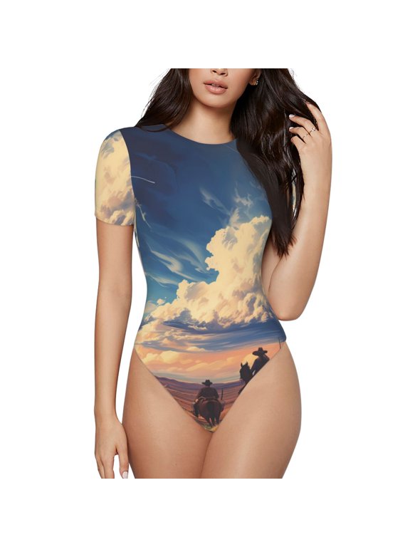 Western Desert Cloud Cowboy Prinr Short Sleeve Body suit for Womens, Sexy Onesie One Piece Round Neck Bodysuit Shapewear Tummy Control-Medium