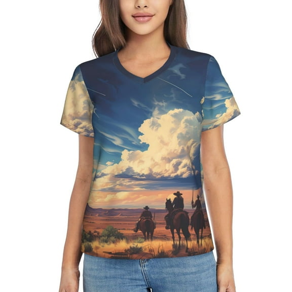 Vsdgher Western Desert Cloud Cowboy Women Shirts V Neck Short Sleeve Tops T-Shirt Basic Tees, S to 3XLSmall