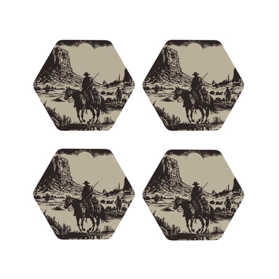 Vsdgher Western Desert Cowboy Leather Coasters for Drinks, Durable Drink Coasters 4 Set for Tabletop Protection, Luxurious Home Décor and Housewarming Gift-Hexagon