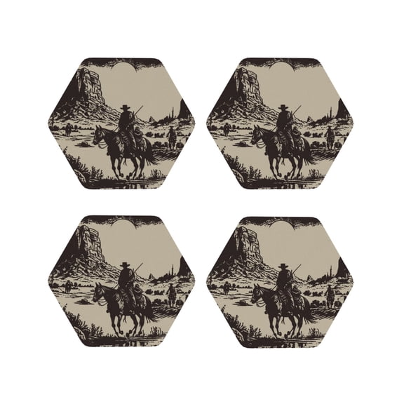 Vsdgher Western Desert Cowboy Leather Coasters for Drinks, Durable Drink Coasters 4 Set for Tabletop Protection, Luxurious Home Décor and Housewarming Gift-Hexagon
