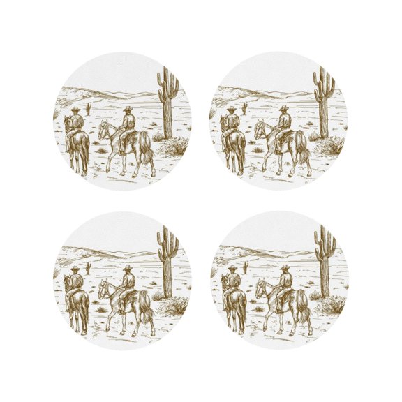 Vsdgher Western Desert Cowboys Leather Coasters for Drinks, Durable Drink Coasters 4 Set for Tabletop Protection, Luxurious Home Décor and Housewarming Gift-Round Shape