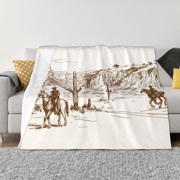 Vsdgher Western Desert Cowboys Pattern Fleece Throw Blanket, Horizontal Fleece Bedding Home Decor for Couch & Bed All Season Use -50"x40"