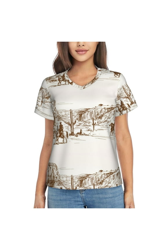 Western Desert Cowboys Women Shirts V Neck Short Sleeve Tops T-Shirt Basic Tees, S to 3XLX-Large