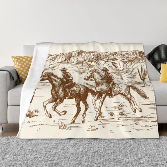 Vsdgher Western Desert Cowboys1 Pattern Fleece Throw Blanket, Horizontal Fleece Bedding Home Decor for Couch & Bed All Season Use -60"x50"