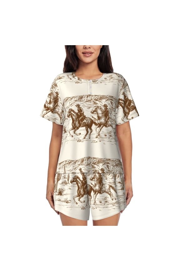 Western Desert Cowboys1 Pattern Womens Pajamas 2 Piece Short Sleeve Sleepwear Set,Summer Soft Pajamas Set Casual Lounge Sets, 2-Piece Pj -4X-Large