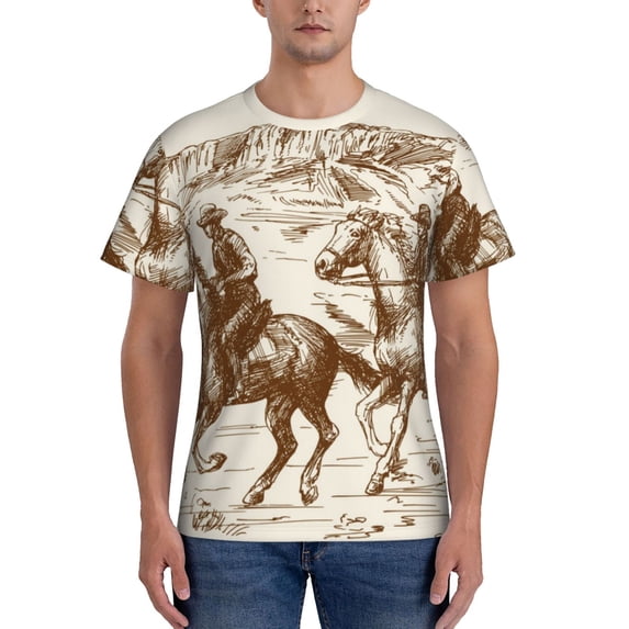 Vsdgher Western Desert Cowboys1 Print Men's Dry Fit Mesh Athletic Shirts Moisture Wicking Tennis T-Shirt Tops