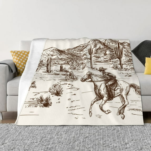 Vsdgher Western Desert Cowboys3 Pattern Fleece Throw Blanket, Horizontal Fleece Bedding Home Decor for Couch & Bed All Season Use -40"x30"