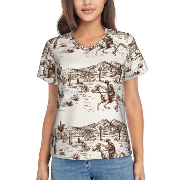 Vsdgher Western Desert Cowboys3 Women Shirts V Neck Short Sleeve Tops T-Shirt Basic Tees, S to 3XLSmall