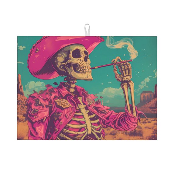 Vsdgher Western Desert Skull Cowboy (2) Dish Drying Mat Super Absorbent Drying Mat Large Dish Drying Mats for Kitchen Counter Kitchen Drying Mat 24" x 18"