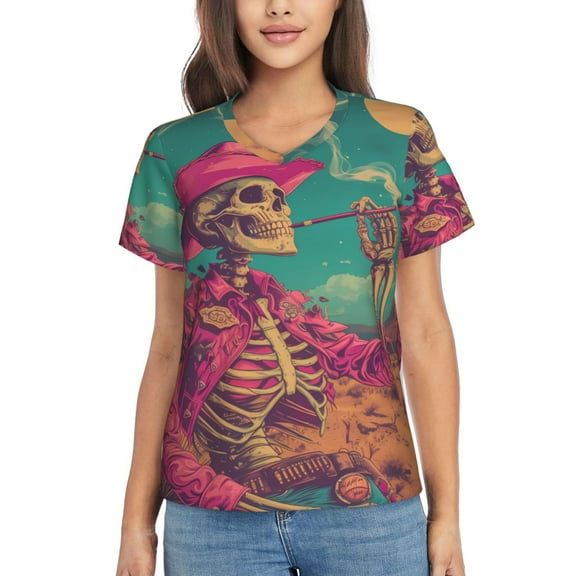 Vsdgher Western Desert Skull Cowboy (2) Women Shirts V Neck Short Sleeve Tops T-Shirt Basic Tees, S to 3XLSmall